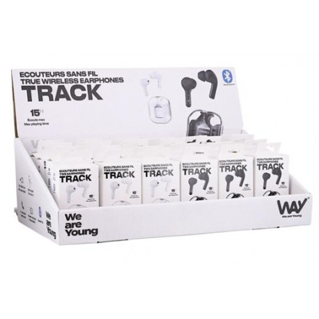AURICULARES TRACK TWS CON ESTUCHE DE CARGA EXPOSITOR DE 12 UNIDADES BLANCO + 12 COLOR NEGRO
