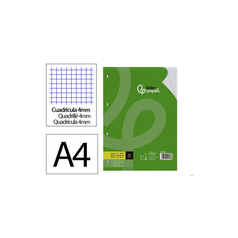 RECAMBIO LIDERPAPEL A4 120 HOJAS 90GR CUADRO 4MM 4 TALADROS BANDAS DE 5 COLORES