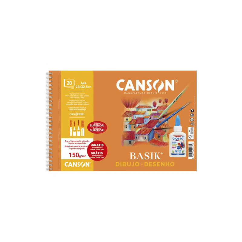 BLOC DIBUJO ESPIRAL CANSON 23X32,5 CM MICROPERFORADO LISO 20 HOJAS 150 G + COLA BLANCA GIOTTO VINILI