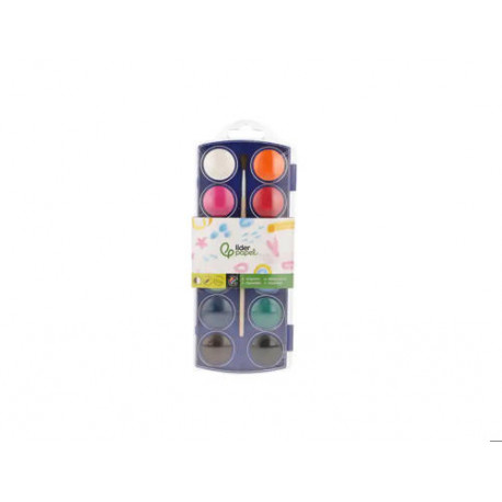 ACUARELA LIDERPAPEL 12 COLORES CON PINCEL MANGO DE MADERA ESTUCHE DE PLASTICO
