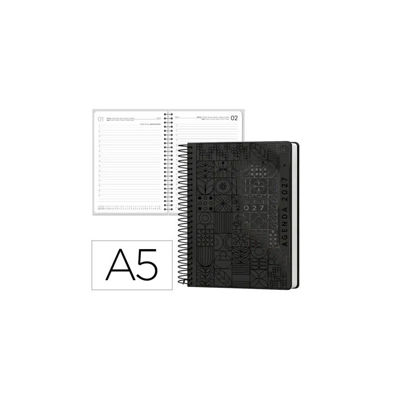 AGENDA OFICINA LIDERPAPEL 2027 ESPIRAL SYROS DIA PAGINA A5 BILINGUE 60G PAPEL FSC BLACK