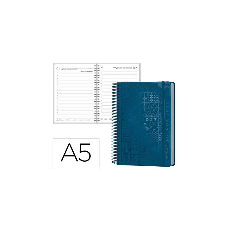 AGENDA OFICINA LIDERPAPEL 2027 ESPIRAL SYROS DIA PAGINA A5 BILINGUE 60G PAPEL FSC NAVY BLUE