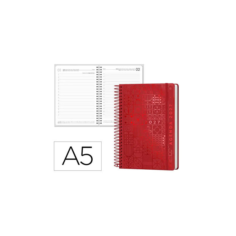 AGENDA OFICINA LIDERPAPEL 2027 ESPIRAL SYROS DIA PAGINA A5 BILINGUE 60G PAPEL FSC RED