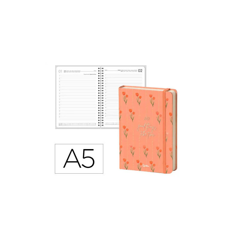 AGENDA OFICINA LIDERPAPEL 2027 ENCUADERNADA FLOWERS A SEMANA VISTA A5 BILINGUE 70G PAPEL FSC DESIGN 