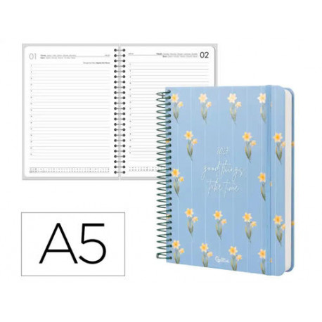 AGENDA OFICINA LIDERPAPEL 2027 ESPIRAL FLOWERS A DIA PAGINA A5 BILINGUE 70G PAPEL FSC DESIGN 1