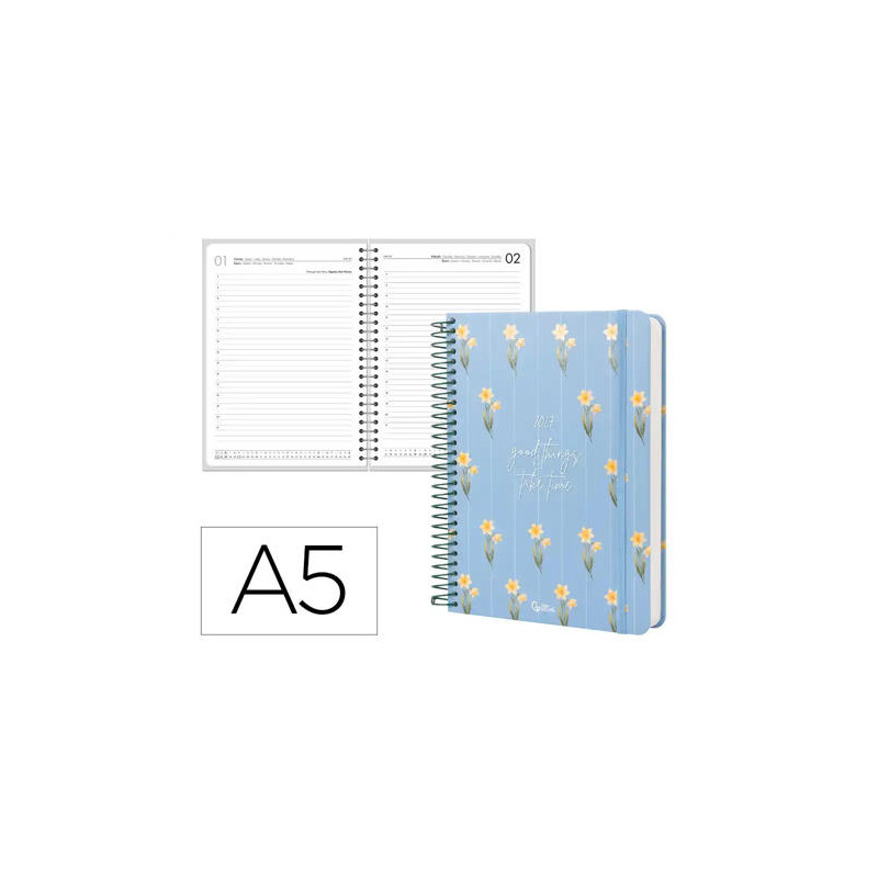 AGENDA OFICINA LIDERPAPEL 2027 ESPIRAL FLOWERS A DIA PAGINA A5 BILINGUE 70G PAPEL FSC DESIGN 1