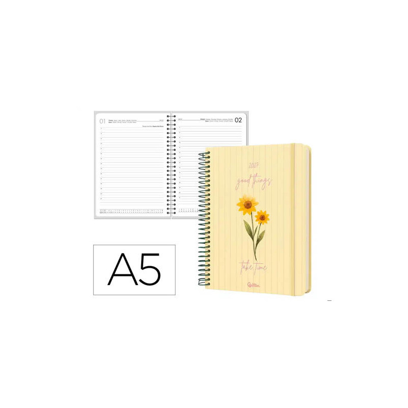 AGENDA OFICINA LIDERPAPEL 2027 ESPIRAL FLOWERS A DIA PAGINA A5 BILINGUE 70G PAPEL FSC DESIGN 2