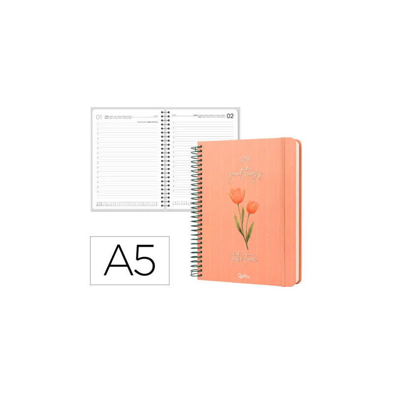 AGENDA OFICINA LIDERPAPEL 2027 ESPIRAL FLOWERS A DIA PAGINA A5 BILINGUE 70G PAPEL FSC DESIGN 4