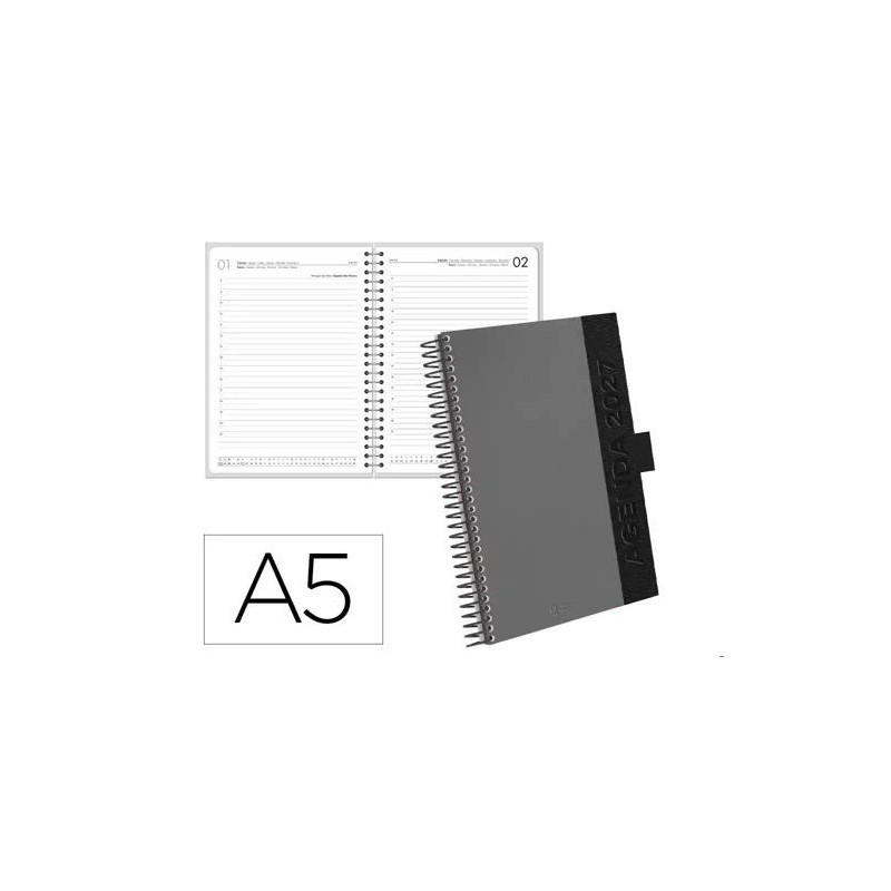 AGENDA OFICINA LIDERPAPEL 2027 ESPIRAL CORPORATE A DIA PAGINA A5 BILINGUE 70G PAPEL FSC GREY
