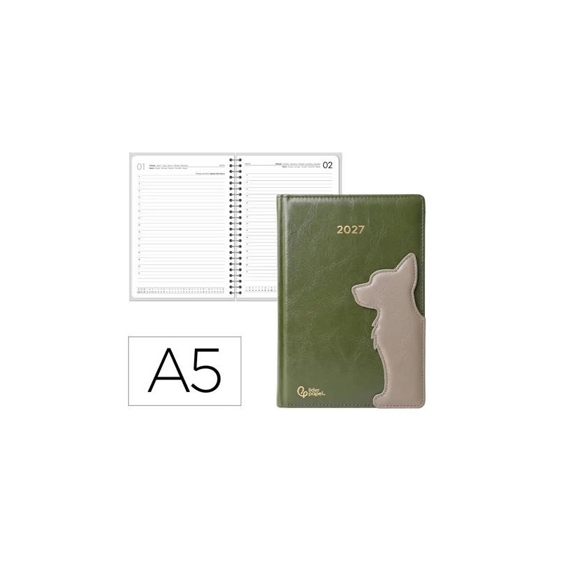AGENDA OFICINA LIDERPAPEL 2027 ENCUADERNADA DOG PEN LOOP DIA PAGINA A5 BILINGUE 70G PAPEL FSC DESIGN