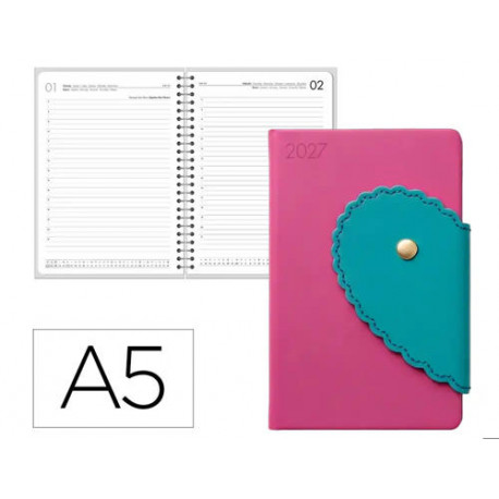 AGENDA OFICINA LIDERPAPEL 2027 ENCUADERNADA HEART CLOSURE DIA PAGINA A5 BILINGUE 70G PAPEL FSC DESIG