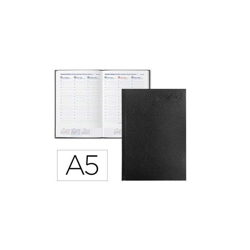 AGENDA OFICINA LIDERPAPEL 2027 ENCUADERNADA CORFU SEMANA VISTA A5 BILINGUE 60G PAPEL FSC BLACK