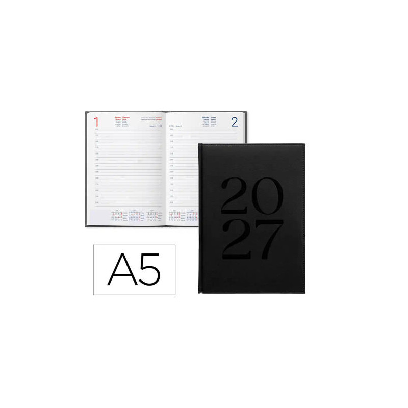 AGENDA OFICINA LIDERPAPEL 2027 ENCUADERNADA CRETA DIA PAGINA A5 BILINGUE 70G PAPEL FSC BLACK