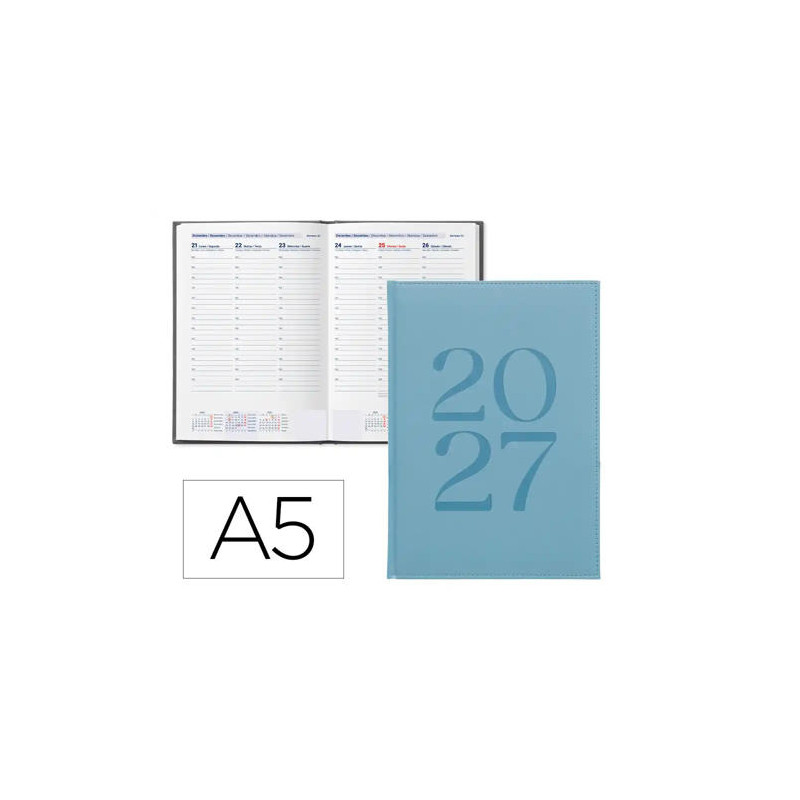 AGENDA OFICINA LIDERPAPEL 2027 ENCUADERNADA CRETA SEMANA VISTA A5 BILINGUE 70G PAPEL FSC LIGHT BLUE