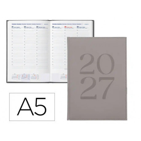 AGENDA OFICINA LIDERPAPEL 2027 ENCUADERNADA CRETA SEMANA VISTA A5 BILINGUE 70G PAPEL FSC GREY