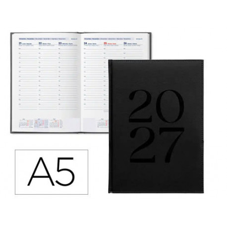 AGENDA OFICINA LIDERPAPEL 2027 ENCUADERNADA CRETA SEMANA VISTA A5 BILINGUE 70G PAPEL FSC BLACK