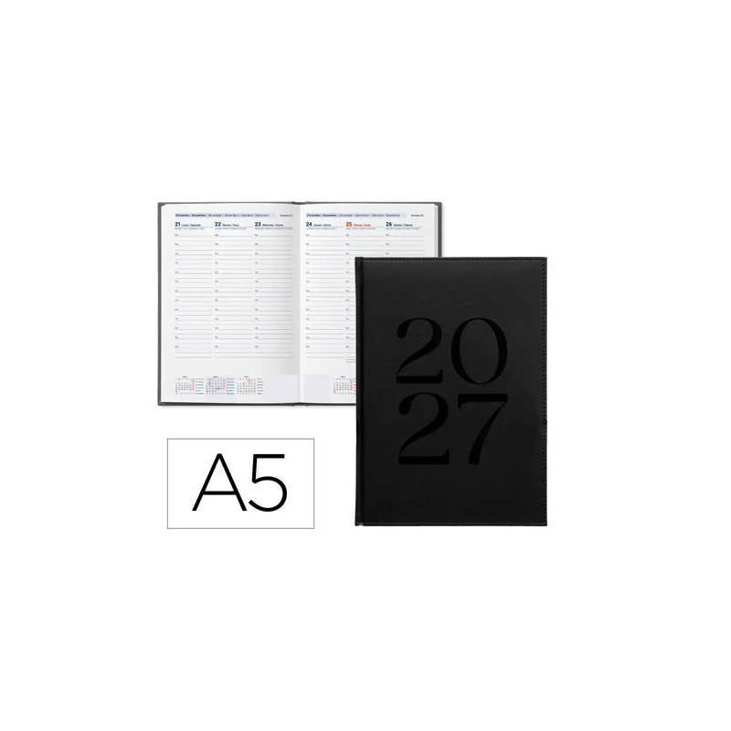 AGENDA OFICINA LIDERPAPEL 2027 ENCUADERNADA CRETA SEMANA VISTA A5 BILINGUE 70G PAPEL FSC BLACK