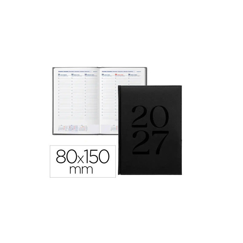 AGENDA OFICINA LIDERPAPEL 2027 ENCUADERNADA CRETA SEMANA VISTA 80X150 MM BILINGUE 70G PAPEL FSC BLAC