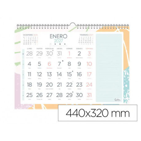 CALENDARIO ESPIRAL PARED LIDERPAPEL JOVEN 2027 NUMEROS GRANDES 440X320 MM PAPEL 128 G CON PEGATINAS