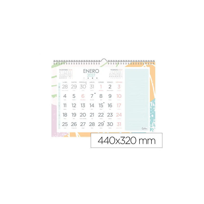 CALENDARIO ESPIRAL PARED LIDERPAPEL JOVEN 2027 NUMEROS GRANDES 440X320 MM PAPEL 128 G CON PEGATINAS