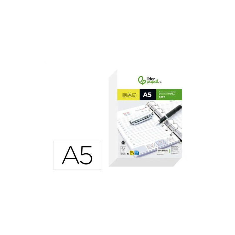RECAMBIO AGENDA ANILLAS LIDERPAPEL 2027 DIN A5 148X205 MM DIA PAGINA BILINGUE 70 G PAPEL FSC