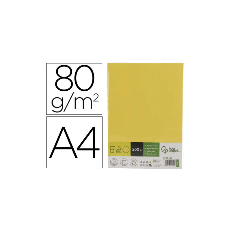 PAPEL COLOR LIDERPAPEL DIN A4 80 GR AMARILLO INTENSO PAQUETE DE 500 HOJAS