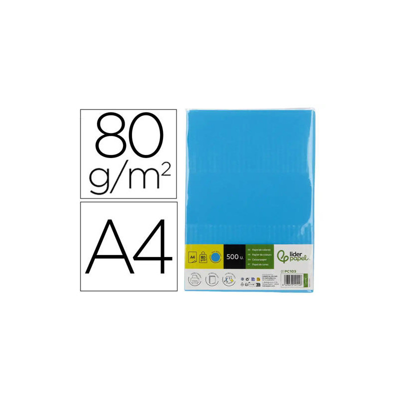 PAPEL COLOR LIDERPAPEL DIN A4 80 GR AZUL INTENSO PAQUETE DE 500 HOJAS