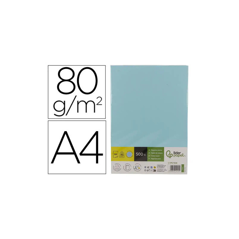 PAPEL COLOR LIDERPAPEL DIN A4 80 GR CELESTE PAQUETE DE 500 HOJAS