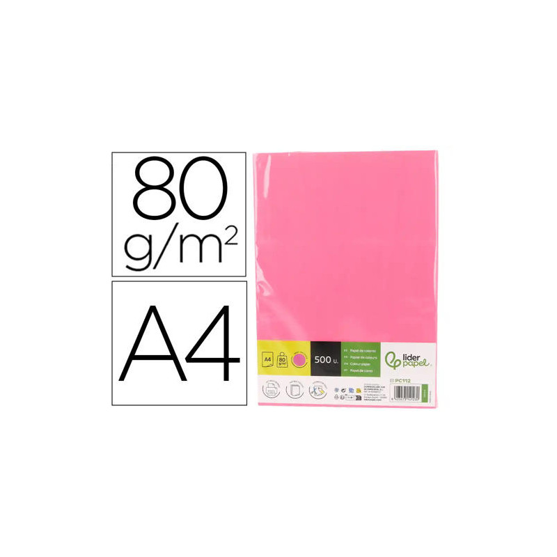 PAPEL COLOR LIDERPAPEL DIN A4 80 GR ROSA NEON PAQUETE DE 500 HOJAS
