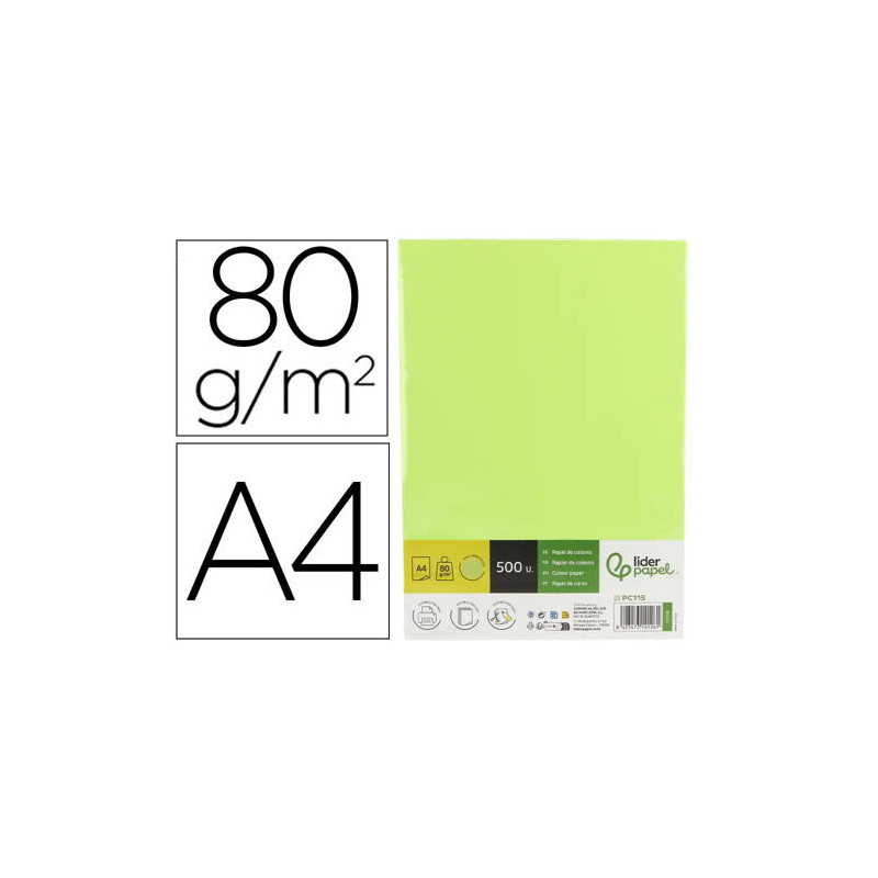 PAPEL COLOR LIDERPAPEL DIN A4 80 GR VERDE NEON PAQUETE DE 500 HOJAS