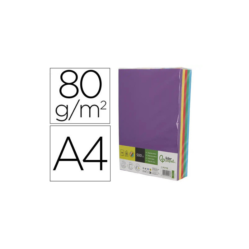 PAPEL COLOR LIDERPAPEL DIN A4 80 GR 5 COLORES SURTIDOS INTENSOS PAQUETE DE 500 HOJAS