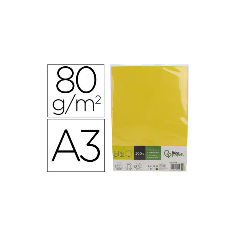 PAPEL COLOR LIDERPAPEL DIN A3 80 GR AMARILLO INTENSO PAQUETE DE 500 HOJAS