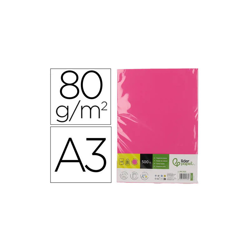 PAPEL COLOR LIDERPAPEL DIN A3 80 GR ROSA INTENSO PAQUETE DE 500 HOJAS