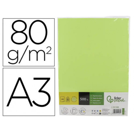 PAPEL COLOR LIDERPAPEL DIN A3 80 GR VERDE NEON PAQUETE DE 500 HOJAS