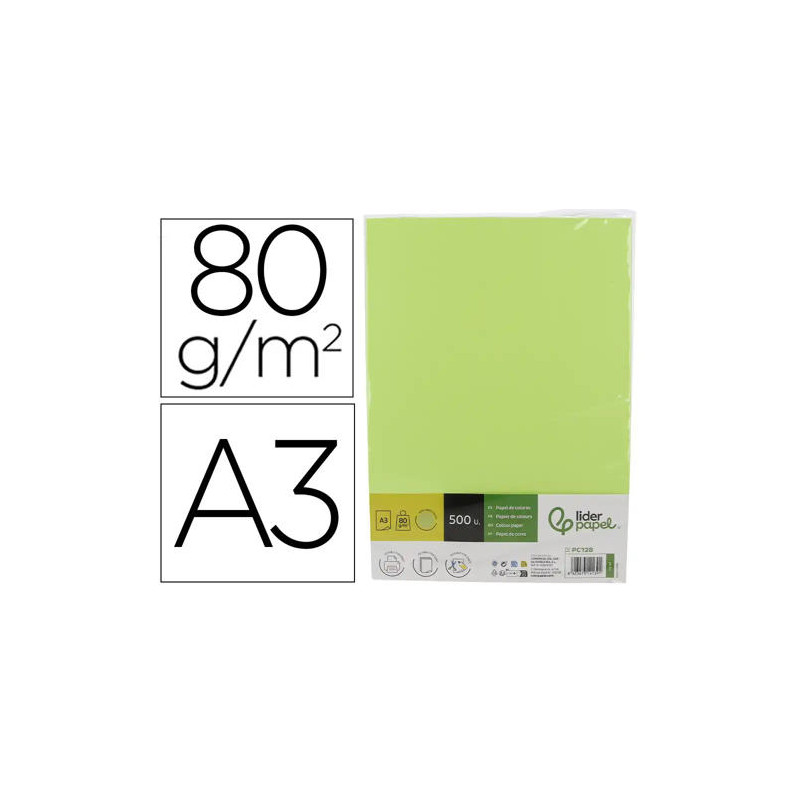 PAPEL COLOR LIDERPAPEL DIN A3 80 GR VERDE NEON PAQUETE DE 500 HOJAS