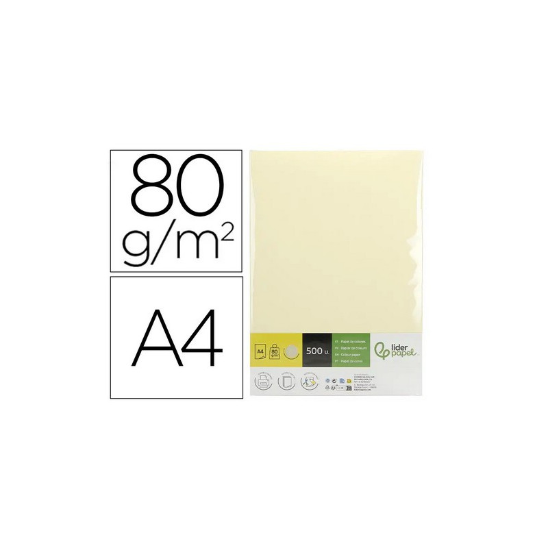 Papel color liderpapel din a4 80 gr crema paquete de 500 hojas.