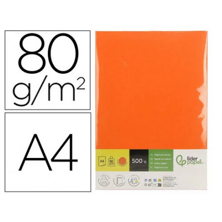 Papel color liderpapel din a4 80 gr naranja intenso paquete de 500 hojas.