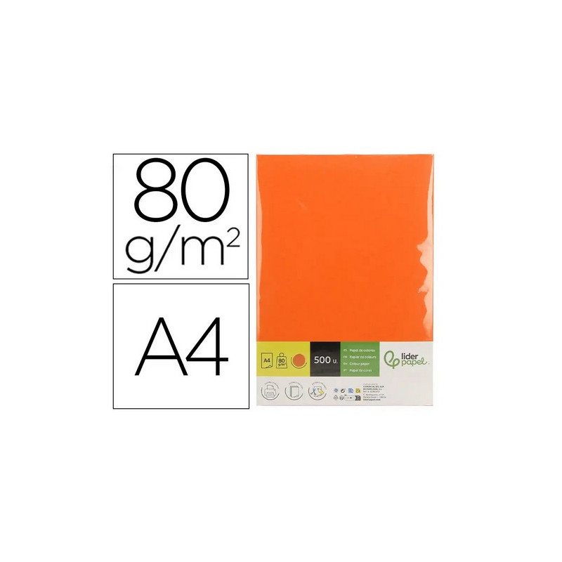 Papel color liderpapel din a4 80 gr naranja intenso paquete de 500 hojas.