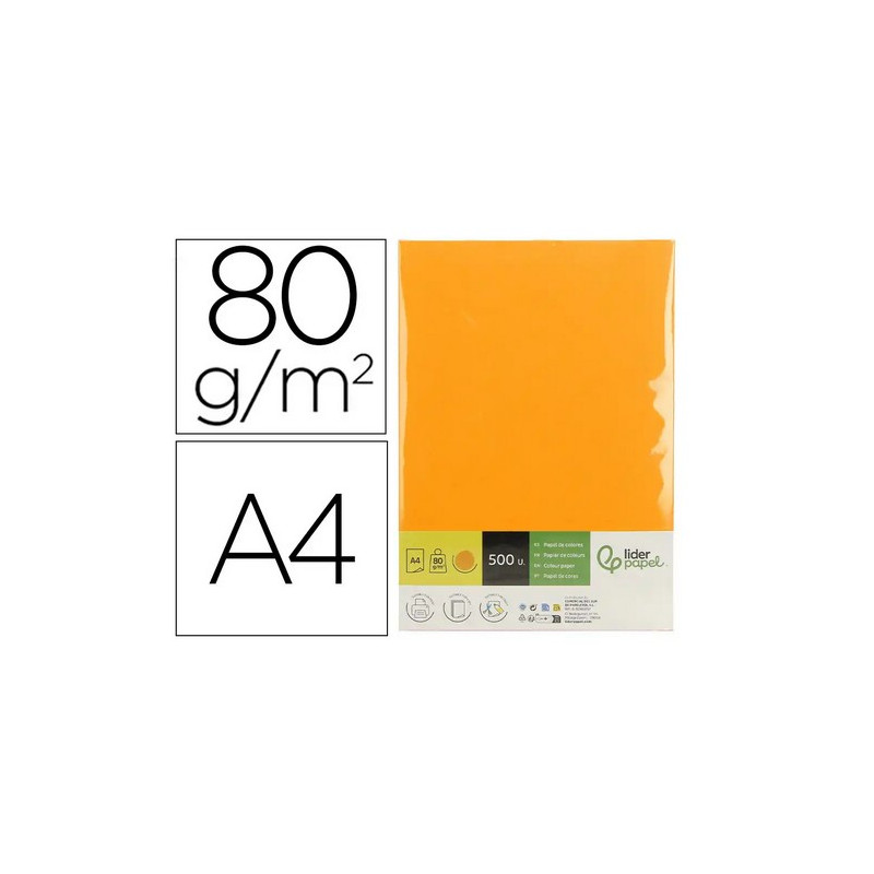 Papel color liderpapel din a4 80 gr naranja neon paquete de 500 hojas.