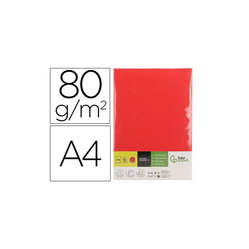 Papel color liderpapel din a4 80 gr rojo intenso paquete de 500 hojas.