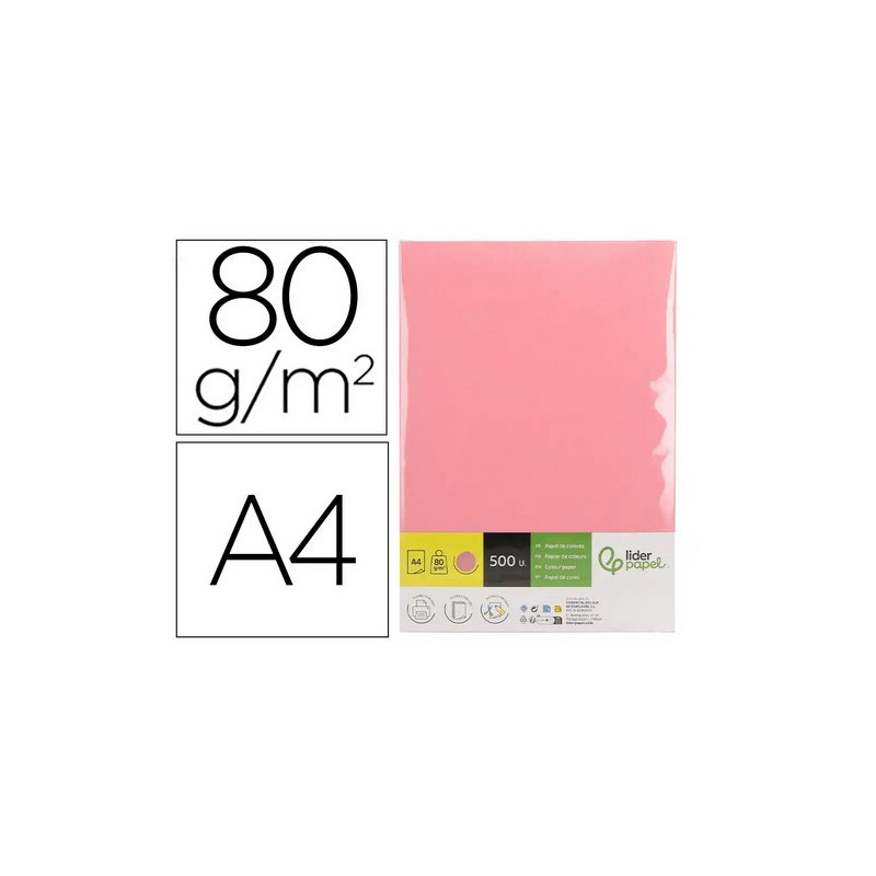 Papel color liderpapel din a4 80 gr rosa paquete de 500 hojas.