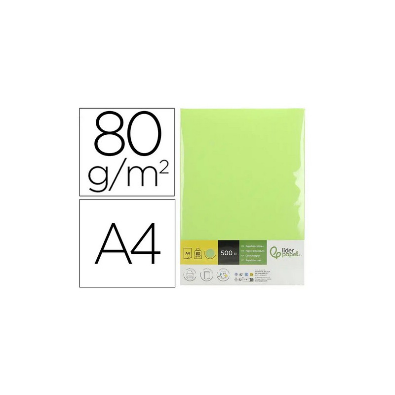 Papel color liderpapel din a4 80 gr verde paquete de 500 hojas.