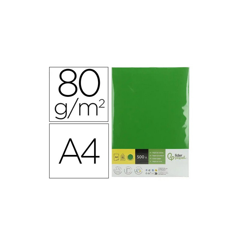 Papel color liderpapel din a4 80 gr verde intenso paquete de 500 hojas.