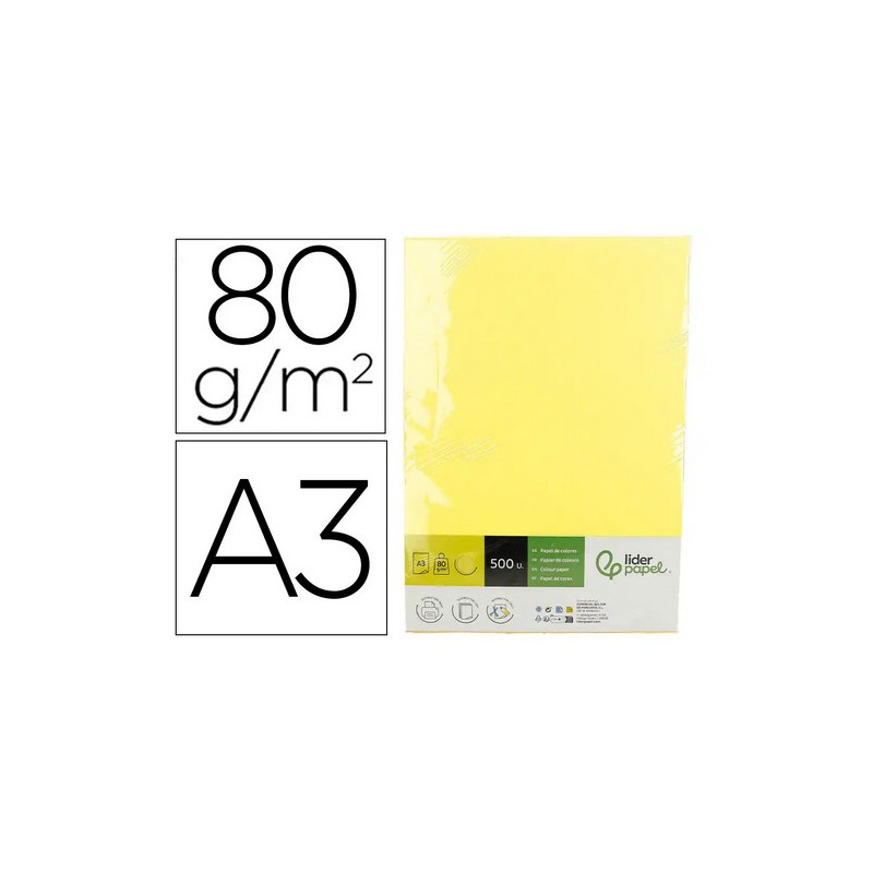 Papel color liderpapel din a3 80 gr amarillo paquete de 500 hojas.