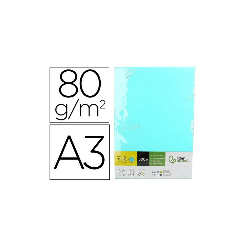 Papel color liderpapel din a3 80 gr celeste paquete de 500 hojas.