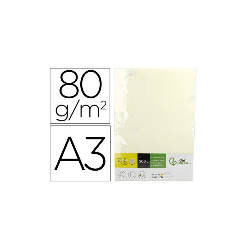 Papel color liderpapel din a3 80 gr crema paquete de 500 hojas.