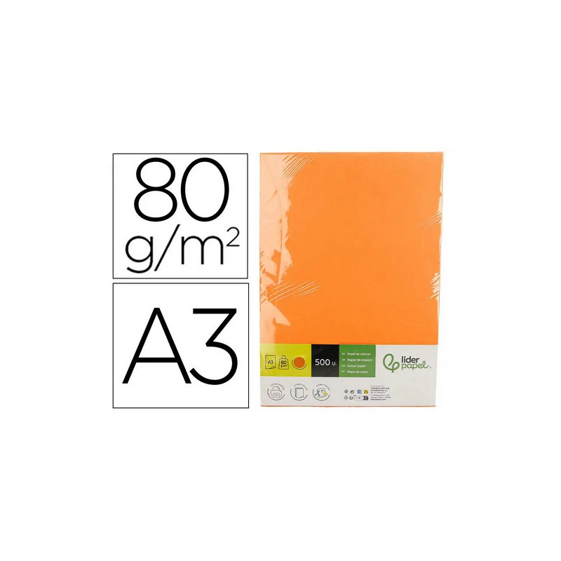 Papel color liderpapel din a3 80 gr naranja intenso paquete de 500 hojas.