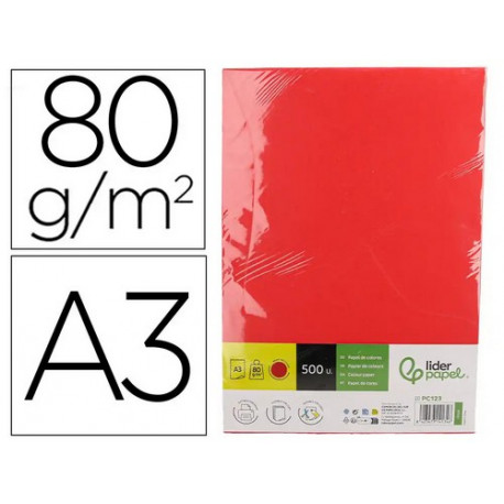 Papel color liderpapel din a3 80 gr rojo intenso paquete de 500 hojas.