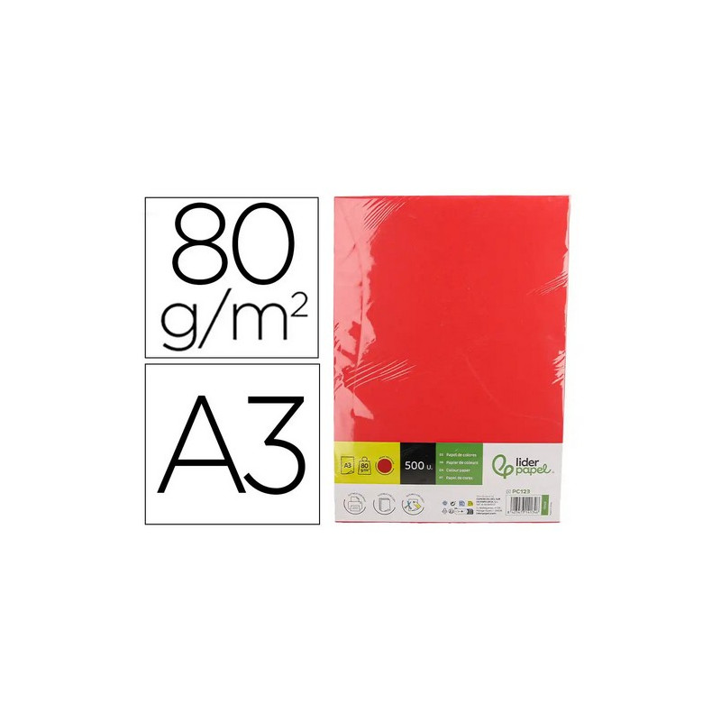 Papel color liderpapel din a3 80 gr rojo intenso paquete de 500 hojas.