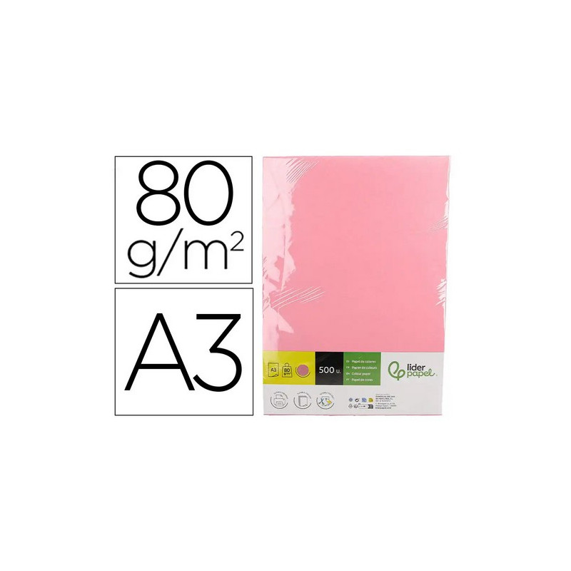 Papel color liderpapel din a3 80 gr rosa paquete de 500 hojas.
